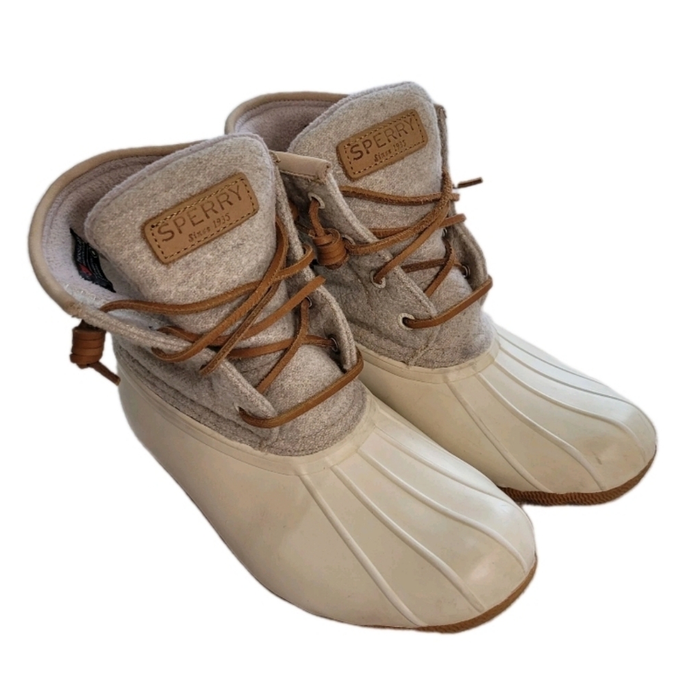 Sperry Saltwater Duck Boots Size 5 Cream Grey Wool Waterproof